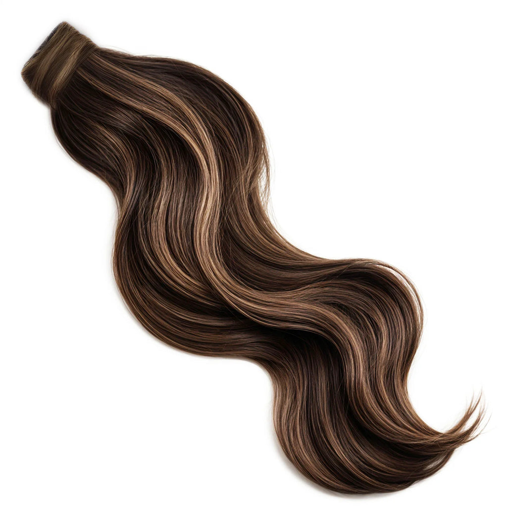 BODY WAVE PONYTAIL WIG 100% REAL HAIR #2/10 Dark Brown & Caramel Lowlights, NATURAL COLOR PONYTAIL, PNHAIR14