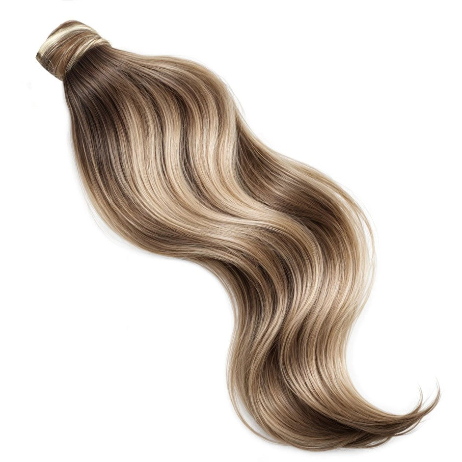 BODY WAVE PONYTAIL WIG 100% REAL HAIR  #8/22 Cinnamon Brown & Sandy Blonde Highlights, NATURAL COLOR PONYTAIL, PNHAIR11