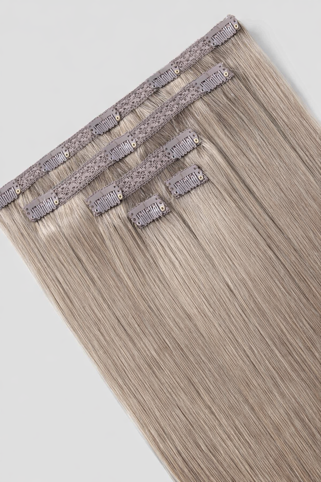 CLIP IN HAIR EXTENSIONS Smoky Blonde, Straight, Natural Look, 100% Human Hair, Easy Clip In, Comfortable Fit, Versatile Styling, Long Lasting Quality. CLIHAIR49