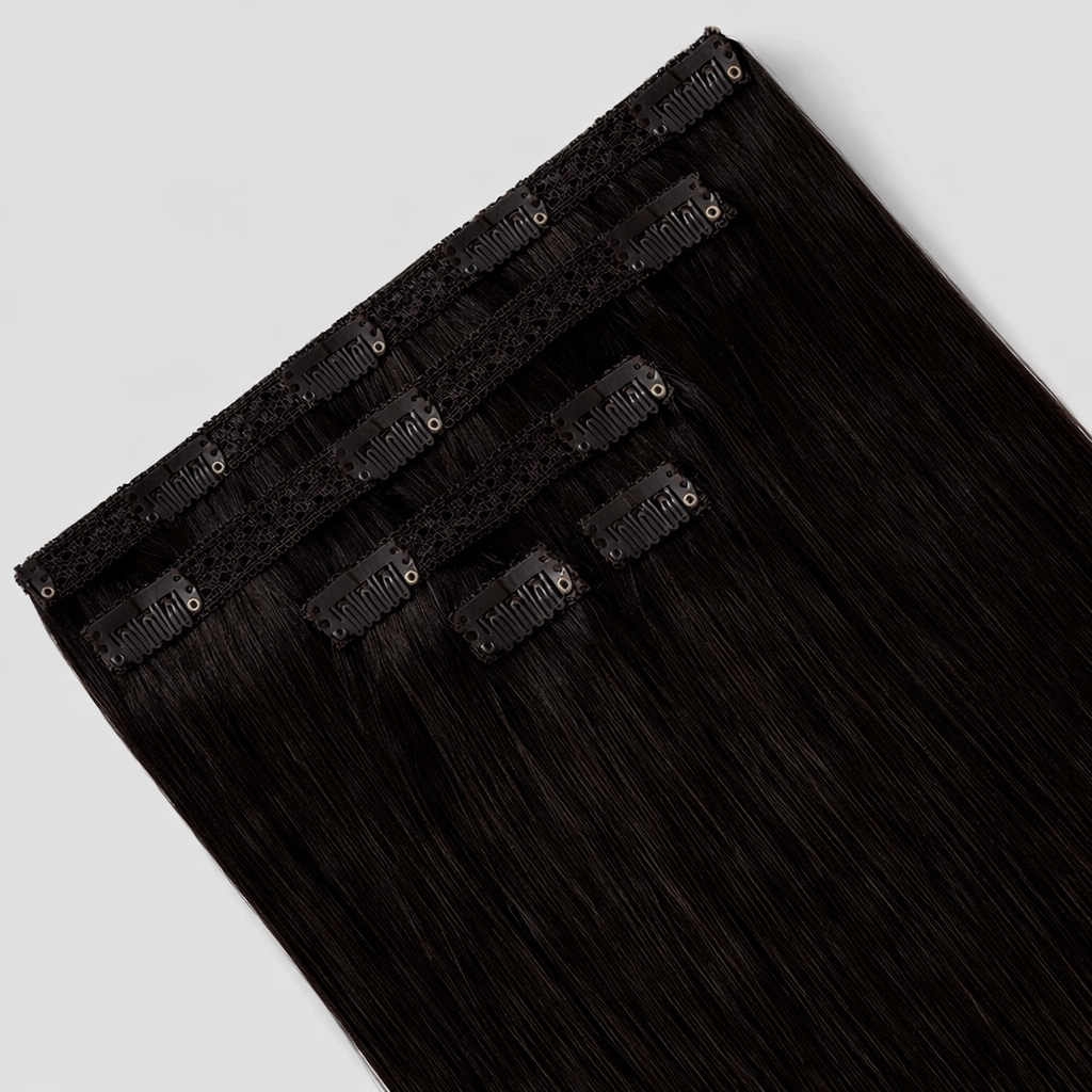 CLIP IN HAIR EXTENSIONS Brown Black, Straight, Natural Look, 100% Human Hair, Easy Clip In, Comfortable Fit, Versatile Styling, Long Lasting Quality. CLIHAIR13