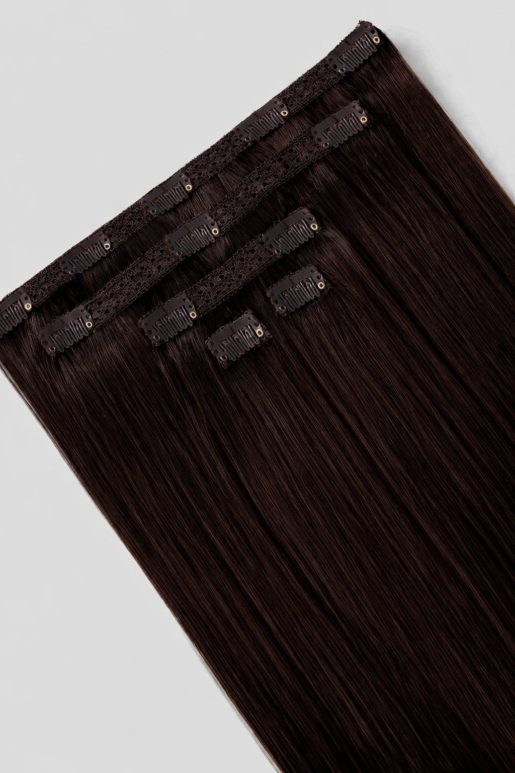 CLIP IN HAIR EXTENSIONS Dark Coffee Brown, Straight, Natural Look, 100% Human Hair, Easy Clip In, Comfortable Fit, Versatile Styling, Long Lasting Quality. CLIHAIR18