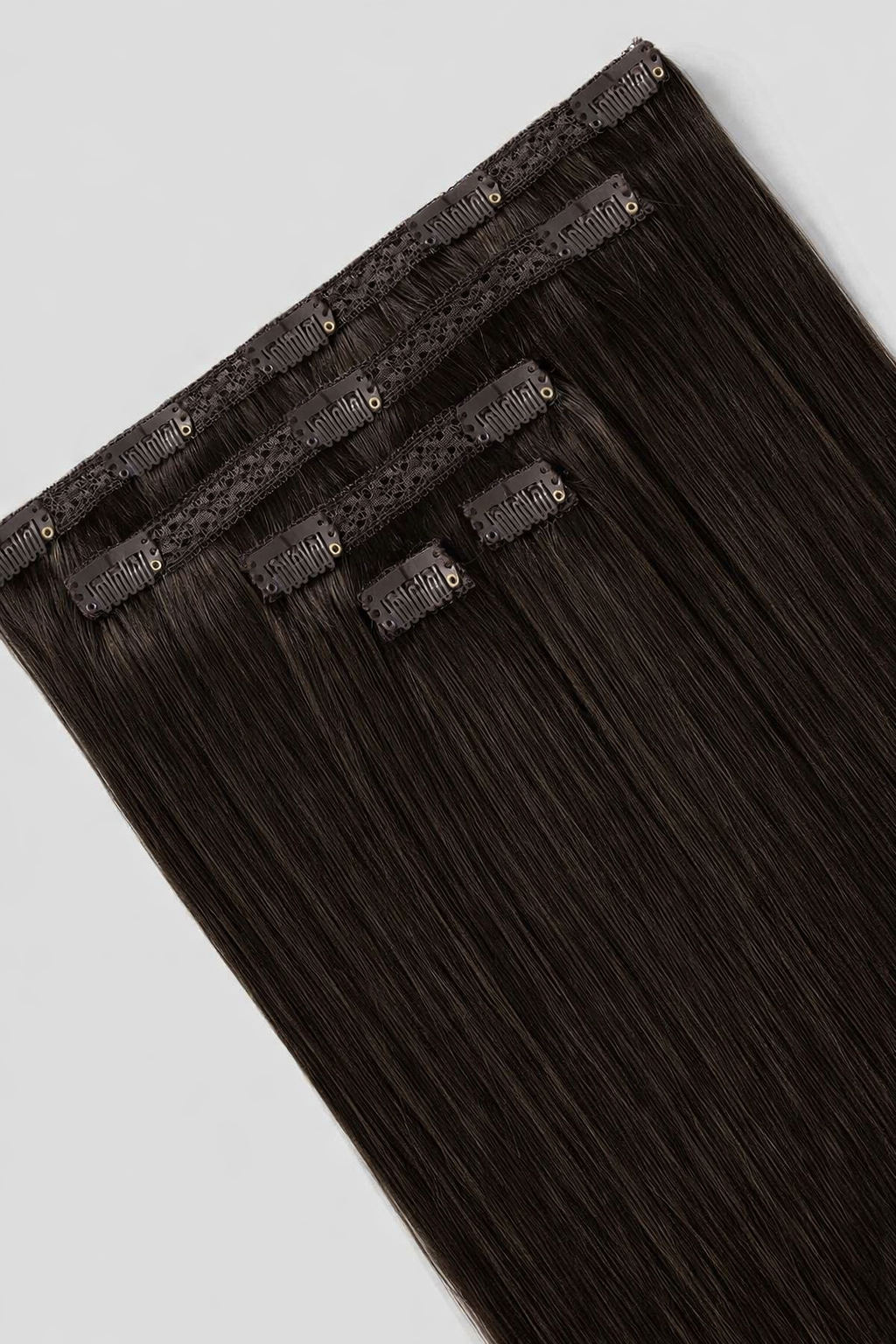 CLIP IN HAIR EXTENSIONS Dark Cool Brown, Straight, Natural Look, 100% Human Hair, Easy Clip In, Comfortable Fit, Versatile Styling, Long Lasting Quality. CLIHAIR21