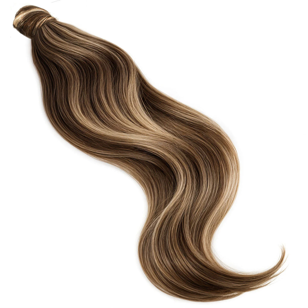 BODY WAVE PONYTAIL WIG 100% REAL HAIR #4/27 Chestnut & Bronzed Blonde Mix, PNHAIR24