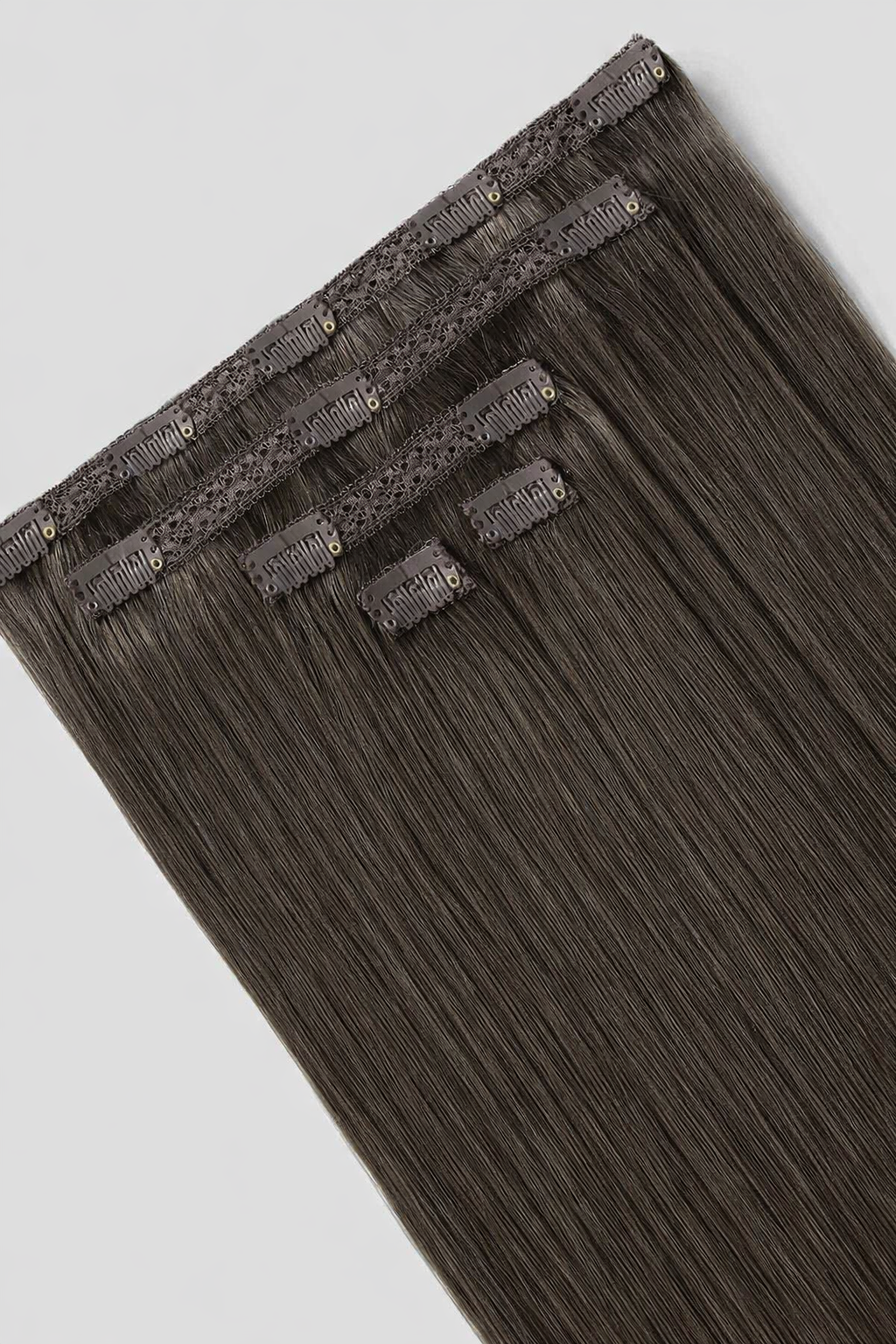 CLIP IN HAIR EXTENSIONS Dark Grey Brown, Straight, Natural Look, 100% Human Hair, Easy Clip In, Comfortable Fit, Versatile Styling, Long Lasting Quality. CLIHAIR24